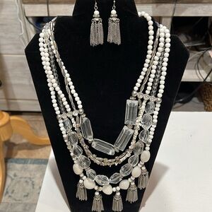 Chicos multi layered chunky necklace silver toned tassel fringe earrings